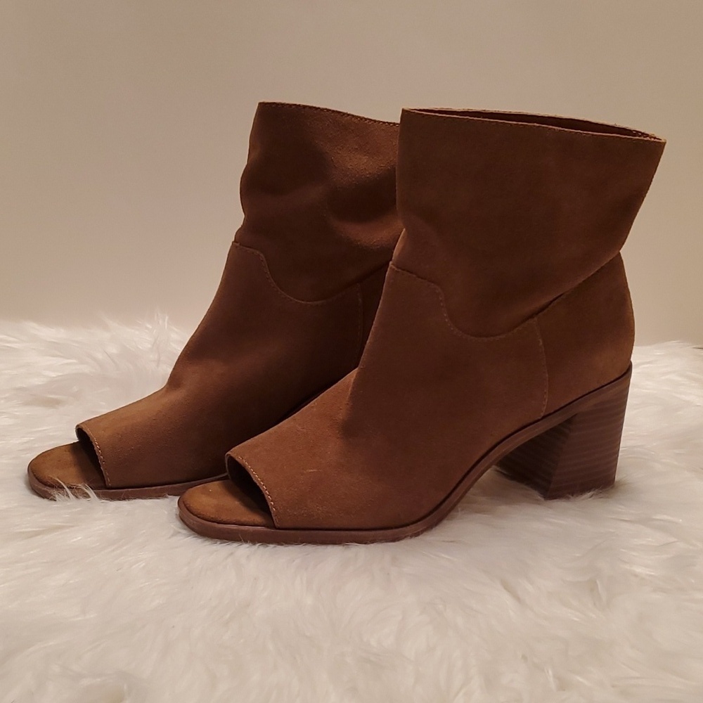 Lucky Brand Ryemi Suede Slouchy Peep Toe Bootie In Tan Block Heel Size 10